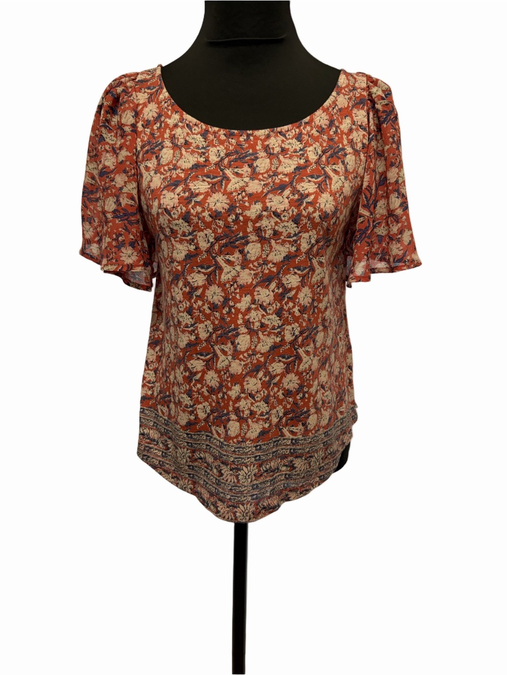 Lucky Brand S Coral Floral Flutter Sleeve Boho Peasant Top Border Print
